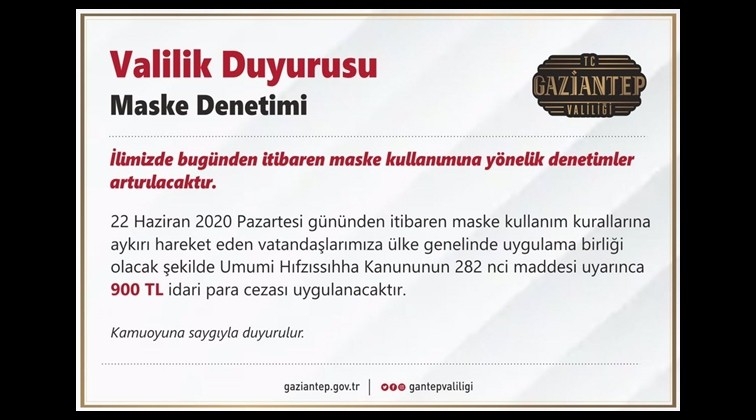 Gaziantep'te maske takmayana 900 TL ceza