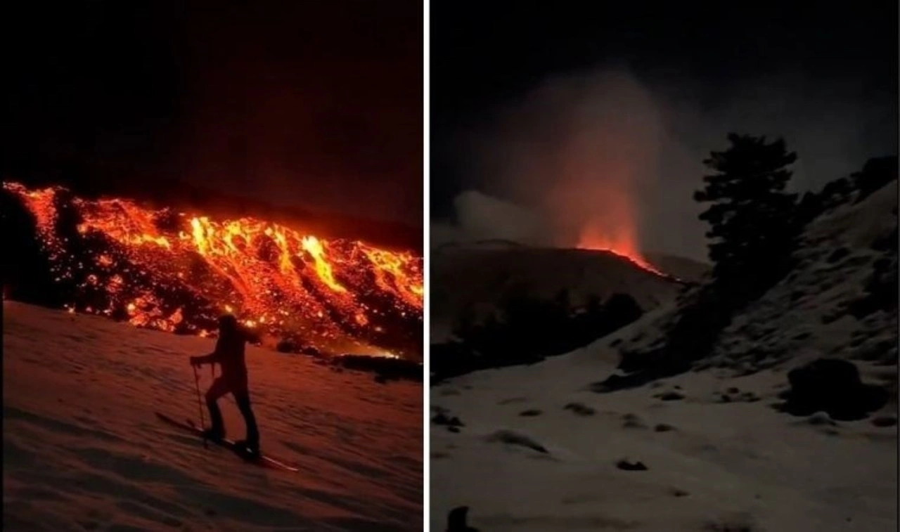 Lavların arasında kayak yaptılar! Etna yanardağı kenarındaki kayakçılar görenleri şaşırttı