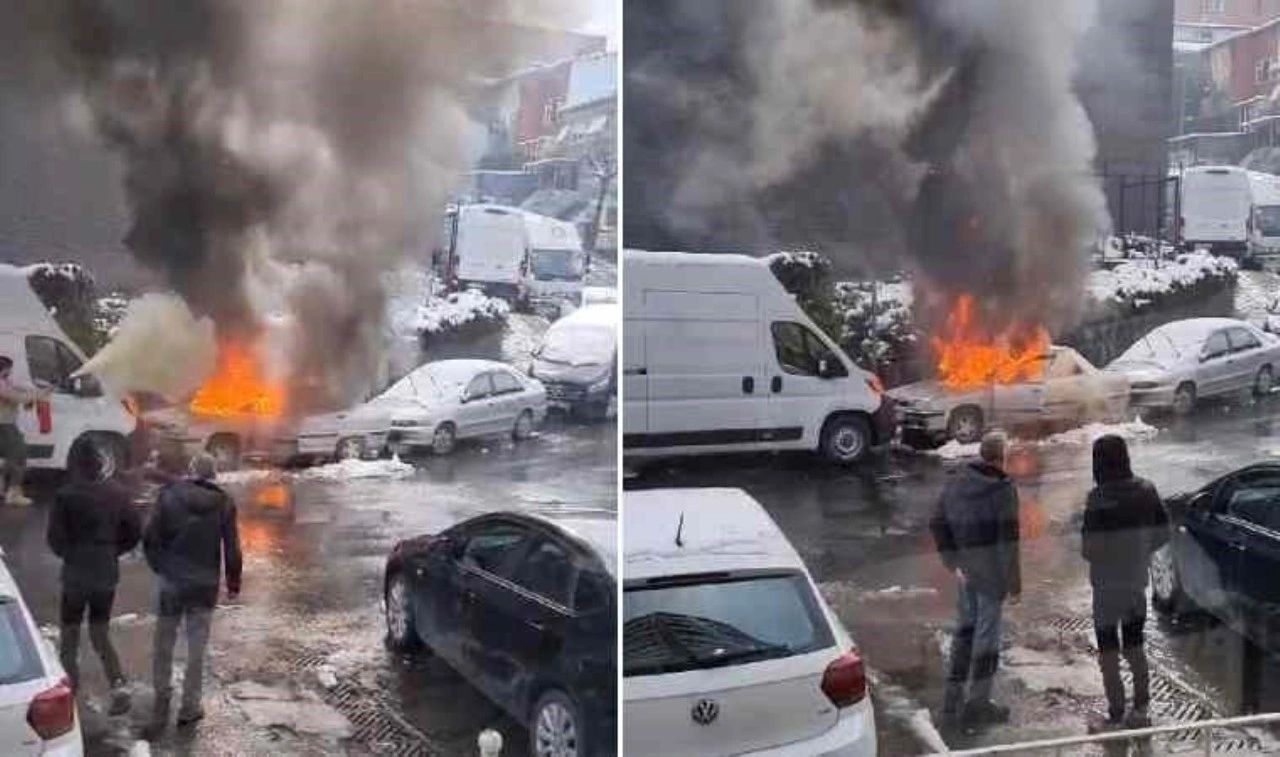 Şişli’de park halindeki otomobil alev alev yandı