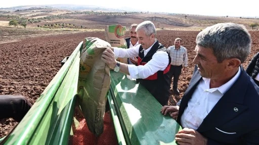 Tahmazoğlu, buğday tohumunu çiftçilerle birlikte ekti